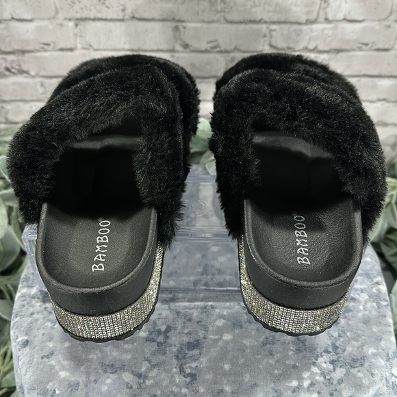 Bamboo Black 2-Band Furry Slipper Shoes with Crystal Embellished Soles WMS 9M - Picture 6 of 10